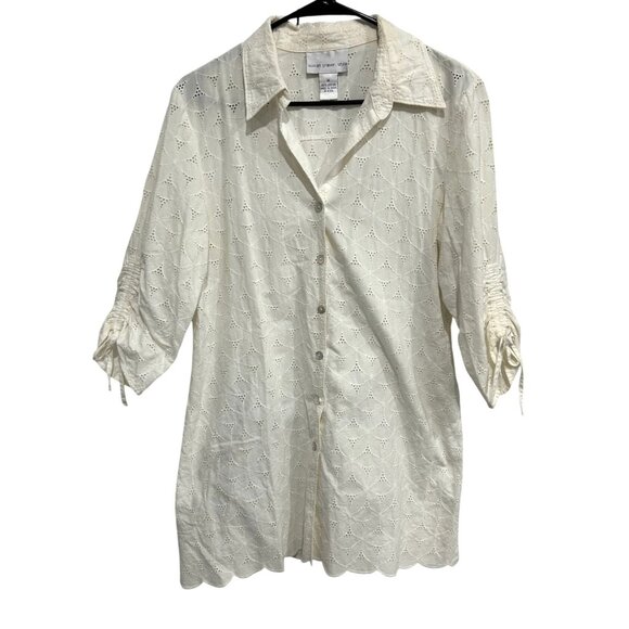 Susan Graver White Eyelet Button Down Shirt Ruched Sleeves Scalloped Hem Sz M - Picture 1 of 8
